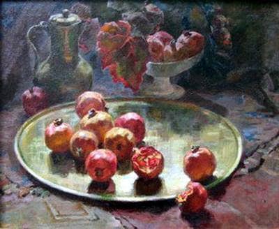 Still life with pomegranates in entryway