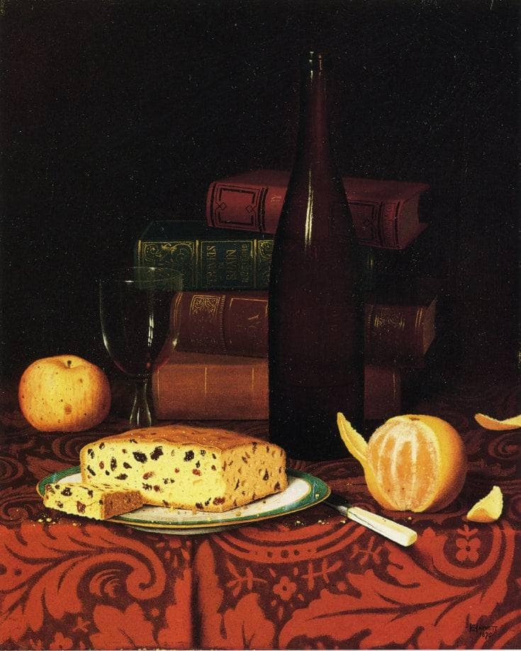Still Life with Raisin Cake, Fruit and Wine by William Michael Harnett — Oil Painting Reproduction