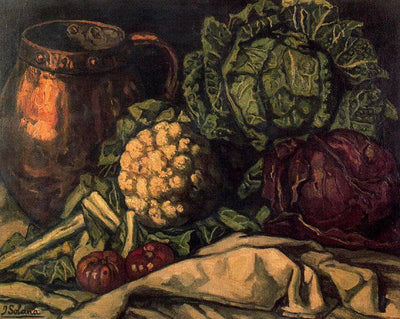 Still life with Red Cabbage, Copper, Cauliflower and Cabbage in kitchen