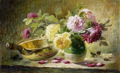 Still Life with Roses and a Brass Sieve by Maurice Louis Monnot — Oil Painting Reproduction