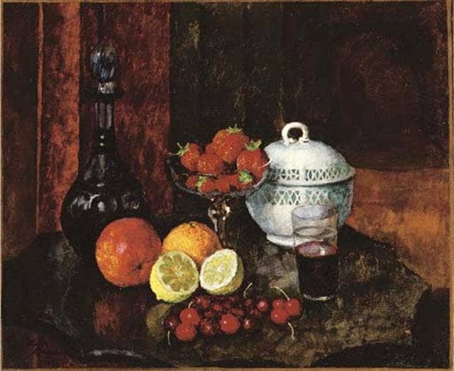 Still life with strawberries. Cherry and blue pitcher by Ilya Mashkov — Oil Painting Reproduction