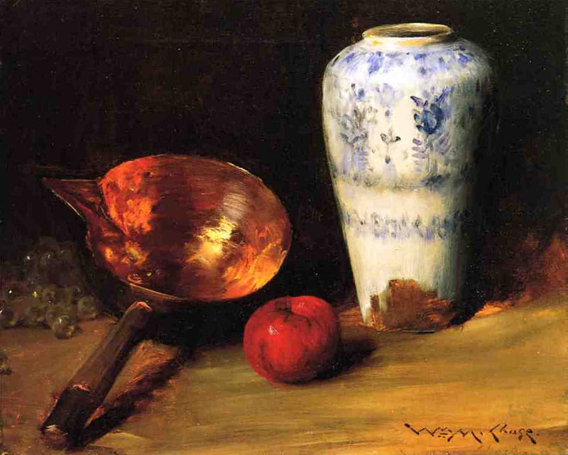 Still Liife with China Vase, Copper Pot, an Apple and a Bunch of Grapes by William Merritt Chase — Oil Painting Reproduction