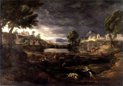 Stormy Landscape with Pyramus and Thisbe in entryway