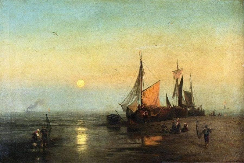 Strand Bij Maanlicht, Scheveningen by Hermann Ottomar Herzog — Oil Painting Reproduction