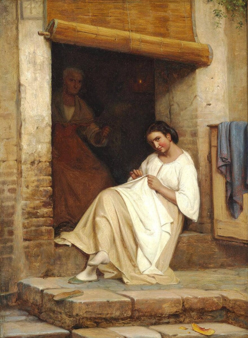 Street scene Rome, a young girl at her neddlework by Carl Bloch — Oil Painting Reproduction
