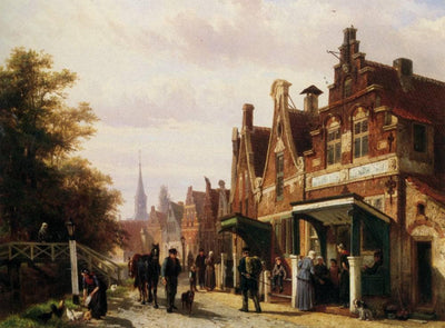 Street scene with figures in entryway