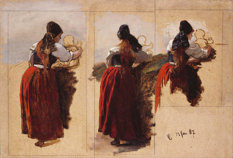 Studies of a Woman from Rügen by Hans Gude — Oil Painting Reproduction