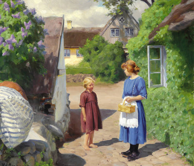 Summer Day in Jyllinge. Lilacs in Bloom and Little Girls in the Village Street in modern living room