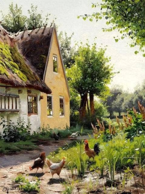 Summer day with chickens in the backyard of a farm by Peder Mørk Mønsted — Oil Painting Reproduction
