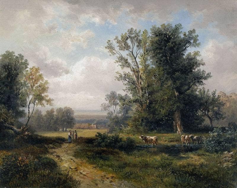 Summer landscape with peasants and cows by Jules Breton — Oil Painting Reproduction