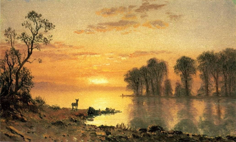 Sunset, Deer, and River by Albert Bierstadt — Oil Painting Reproduction
