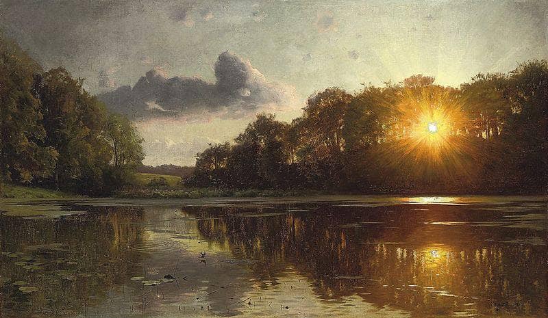 Sunset over a forest lake by Peder Mørk Mønsted — Oil Painting Reproduction
