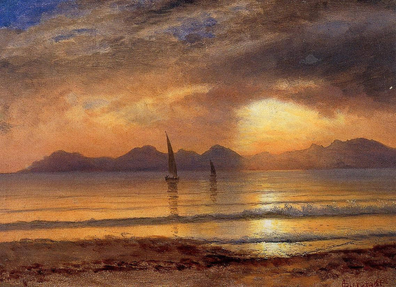 Sunset over a Mountain Lake by Albert Bierstadt — Oil Painting Reproduction