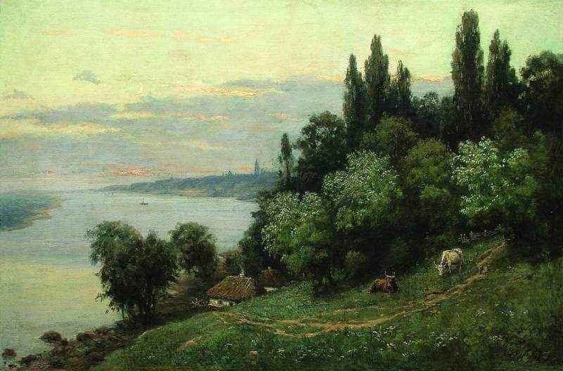Sunset over the river by Volodymyr Orlovsky — Oil Painting Reproduction
