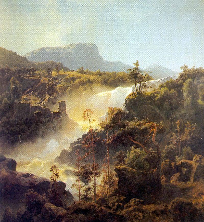 Tessefossen I Vaga I Middagsbelysning by Hans Gude — Oil Painting Reproduction