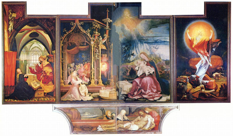 The Annunciation; Virgin and Child with Angels; The Resurrection (2nd face with open wings) by Matthias Grünewald — Oil Painting Reproduction