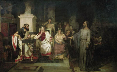 The Apostle Paul explains the tenets of faith in the presence of King Agrippa, his sister Berenice, and the proconsul Festus in hallway