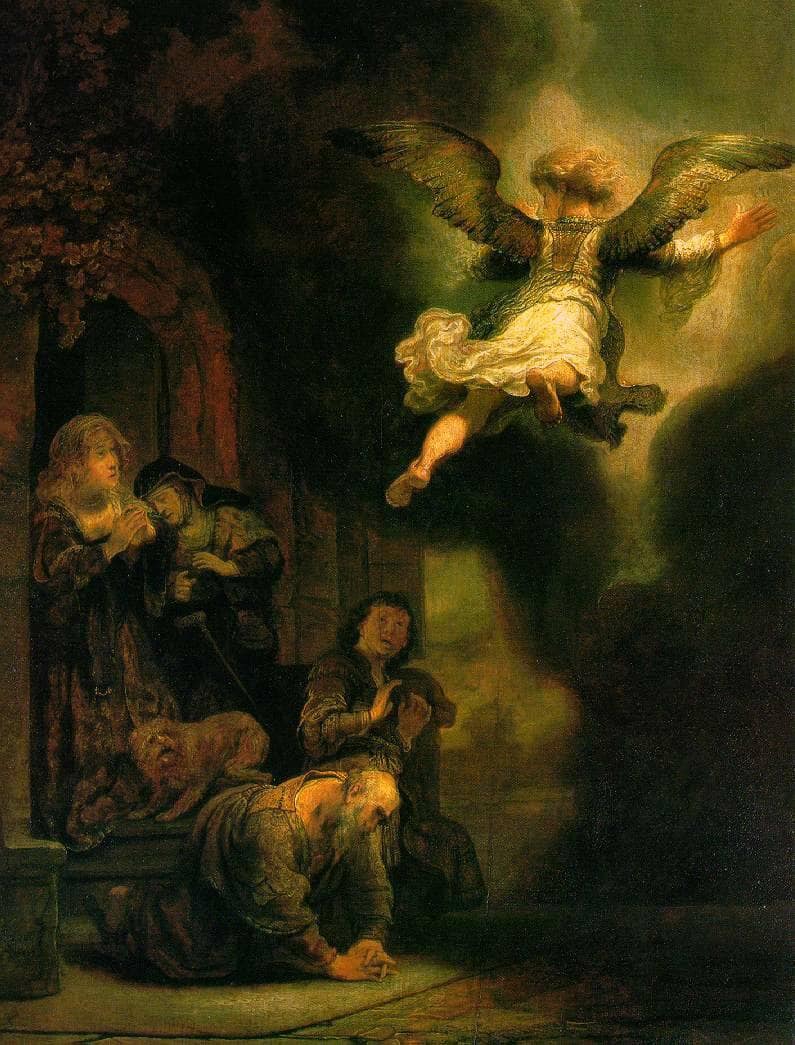 The Archangel Raphael Taking Leave of the Tobit Family by Rembrandt — Oil Painting Reproduction