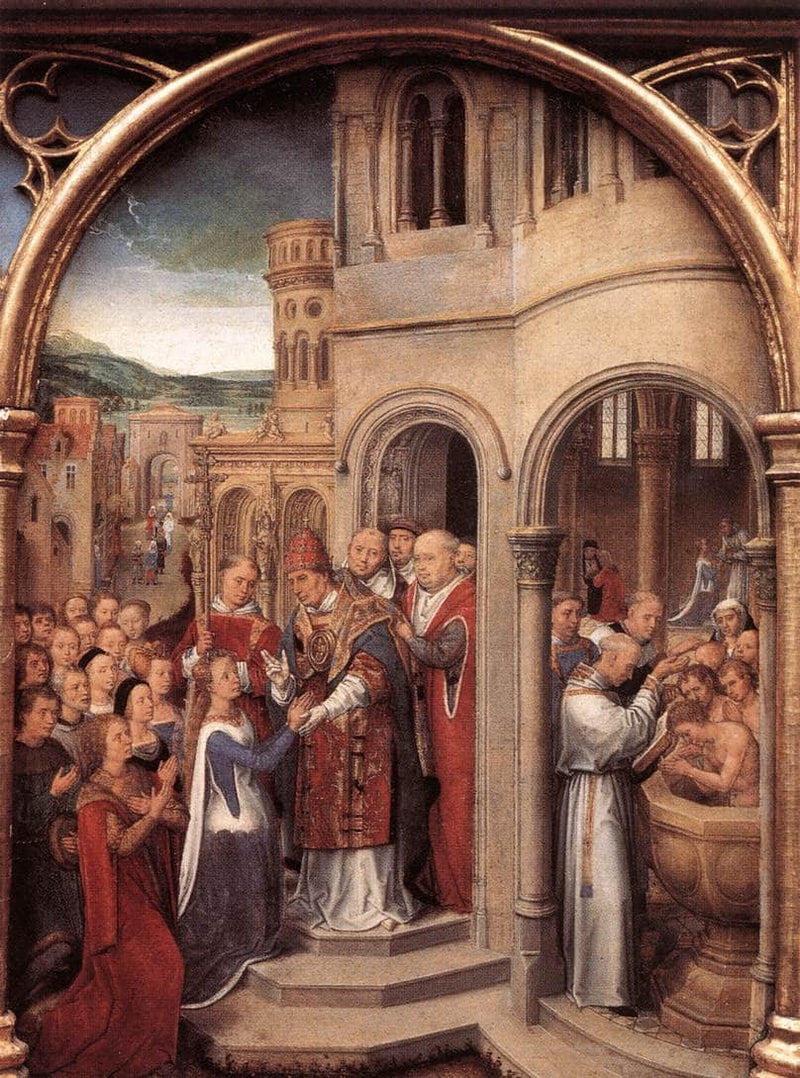 The arrival of St. Ursula and her companions in Rome to meet Pope Cyriacus, from the Reliquary of St. Ursula by Hans Memling — Oil Painting Reproduction