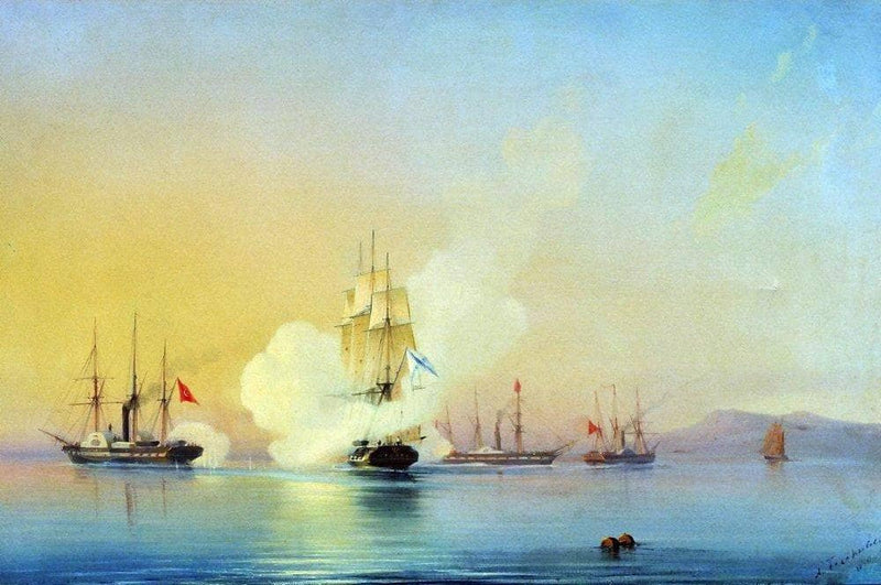 The battle of fregate Flora against Turkish steamships near Pitsunda November, 11 1853 by Alexey Bogolyubov — Oil Painting Reproduction