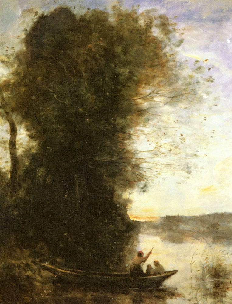 The Boatman Left the Bank with a Woman and a Child Sitting in his Boat, Sunset by Camille Corot — Oil Painting Reproduction