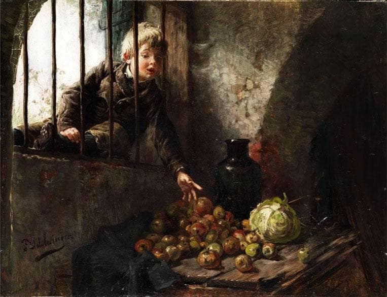 The boy at the cellar window by Felix Schlesinger — Oil Painting Reproduction