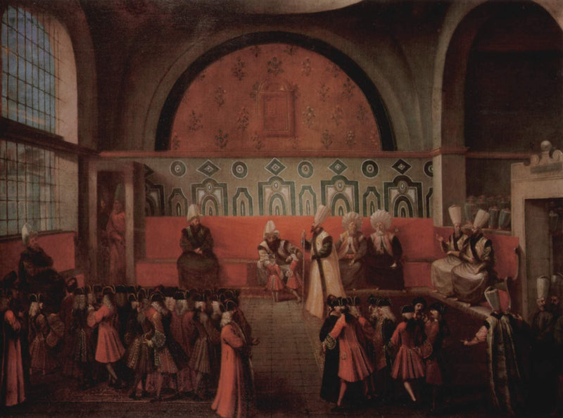 The children of the Vicomte d'Andrezel, French Ambassador to the High Gate, are introduced to the Grand Vizier Ibrahim Pasha, October 10, 1724 by Jean Baptiste Vanmour — Oil Painting Reproduction