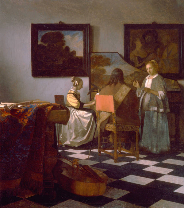 The Concert by Johannes Vermeer, three musicians at a harpsichord in a sunlit interior.