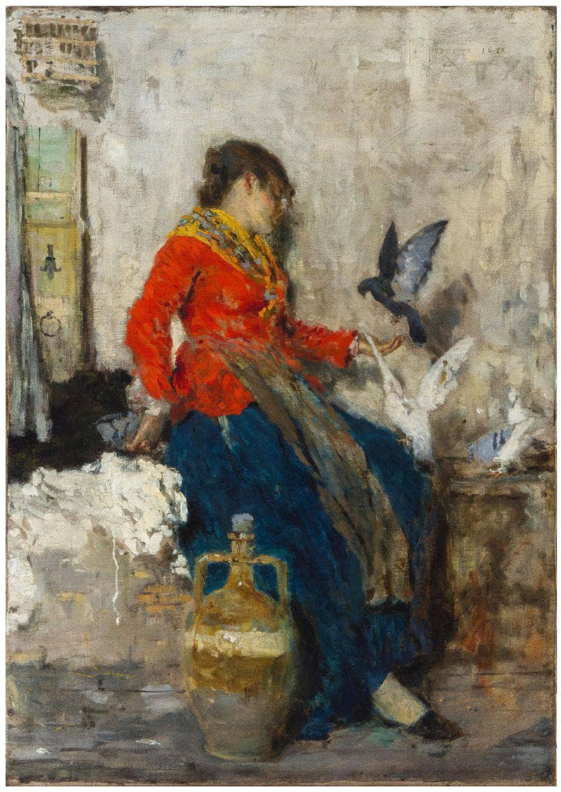 The cue to the pigeons by Giacomo Favretto — Oil Painting Reproduction