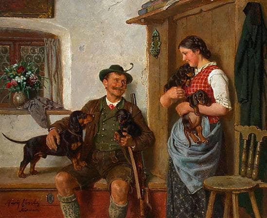 The dachshund family with a hunter and a maid by Adolf Eberle — Oil Painting Reproduction