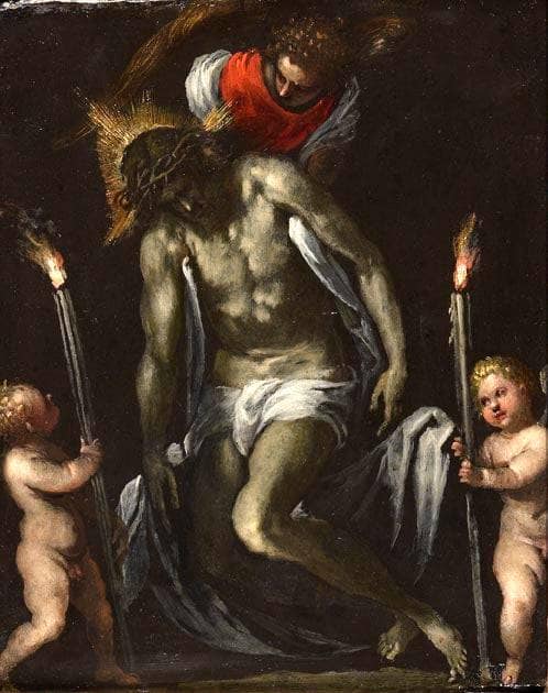 The Dead Christ Supported by An Angel with Two Putti Each Supporting a Cero by Palma il Giovane — Oil Painting Reproduction