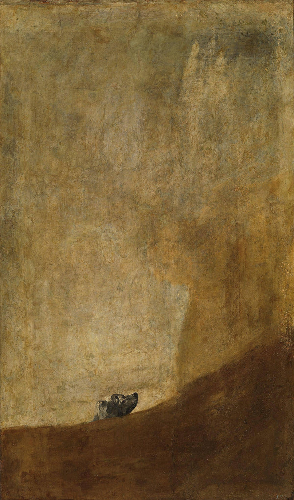 The Dog by Francisco Goya, a dog's head emerging from a dark slope against a large empty ochre sky.