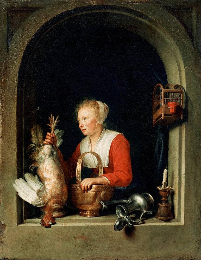 The Dutch Housewife or, The Woman Hanging a Cockerel in the Window by Gerrit Dou — Oil Painting Reproduction