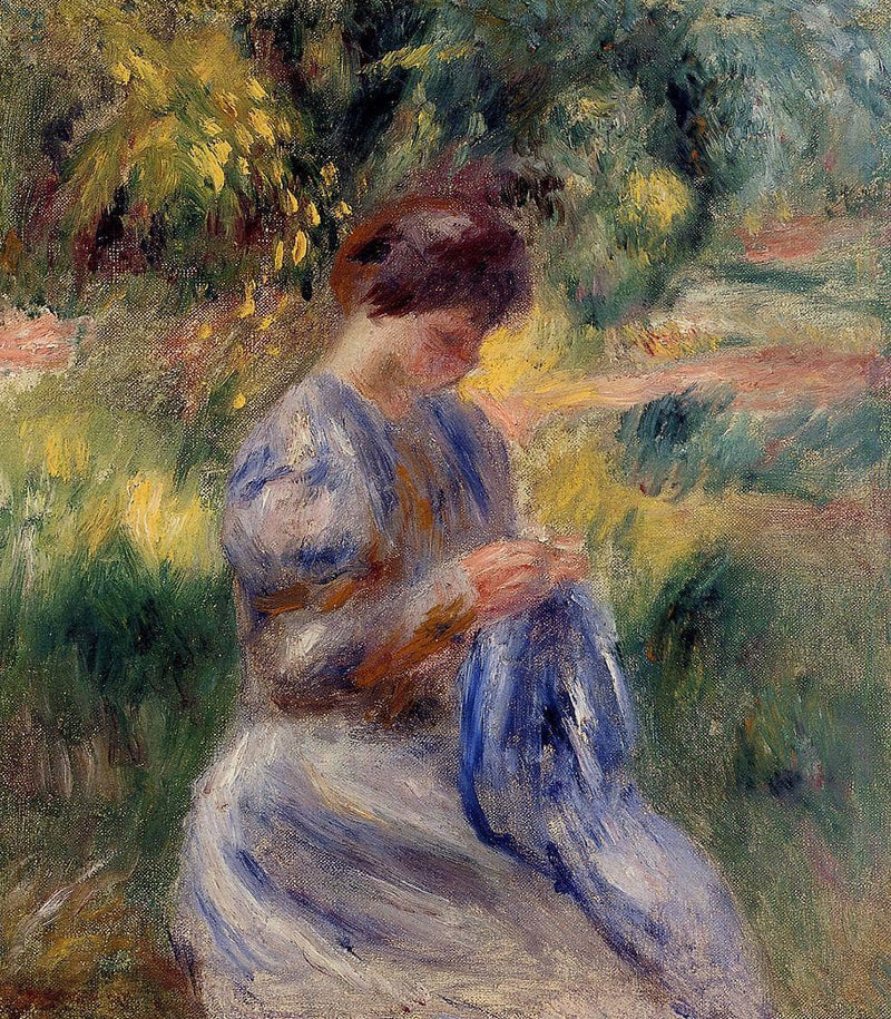 The Embroiderer (Woman Embroidering in a Garden) by Pierre-Auguste Renoir — Oil Painting Reproduction