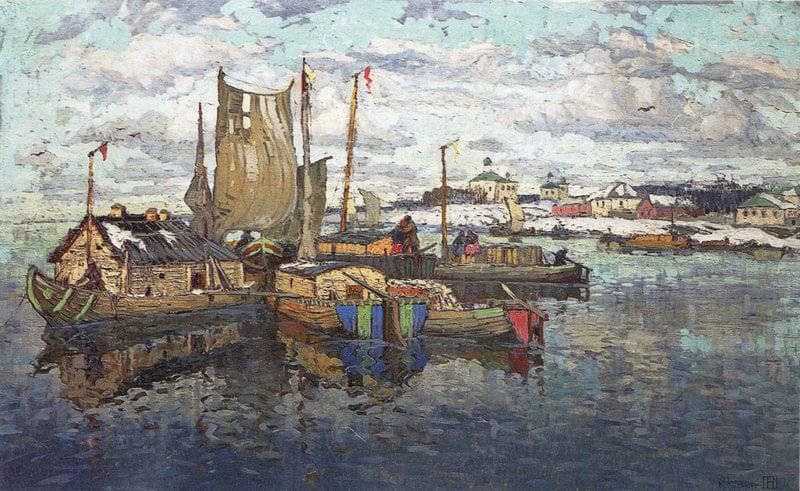 The First Snow on the River by Konstantin Gorbatov — Oil Painting Reproduction