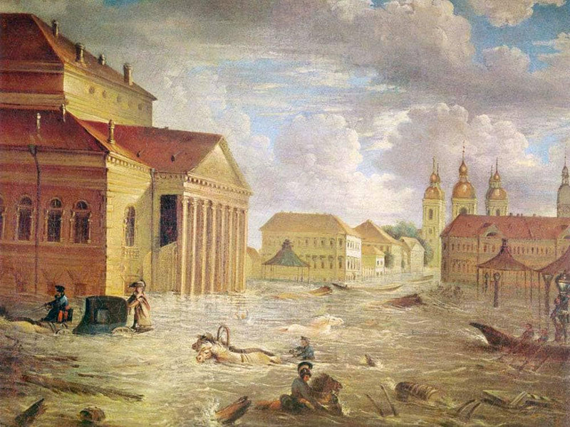 The Flood of 1824 in the Square at the Bolshoi Kamenny Theatre by Fyodor Alekseyev — Oil Painting Reproduction