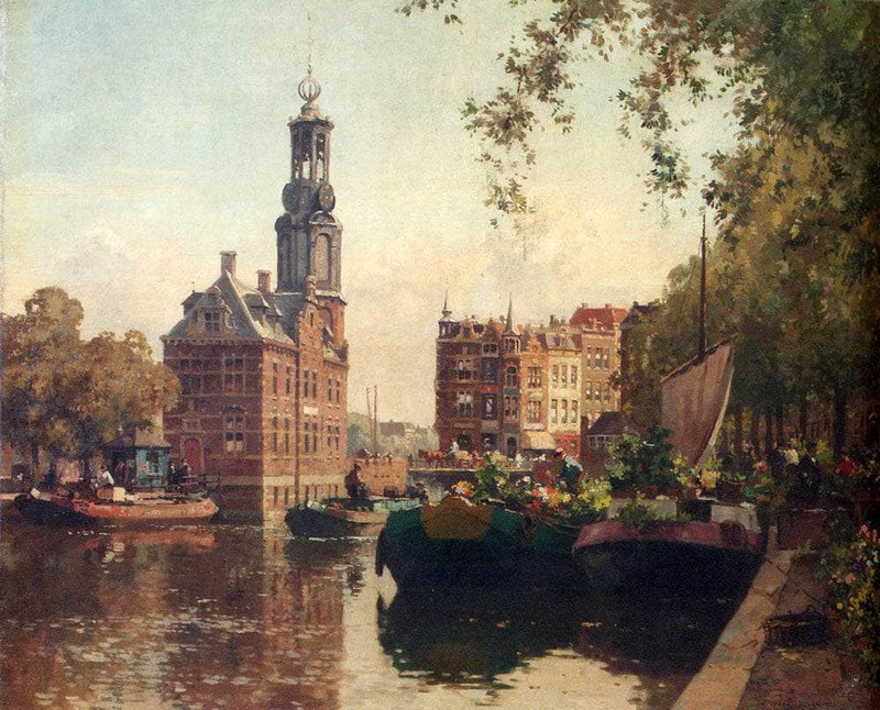 The Flowermarket On The Singel, Amsterdam, With The Munttoren Beyond by Cornelis Vreedenburgh — Oil Painting Reproduction