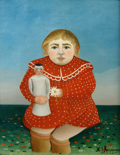 The girl with a doll in living room