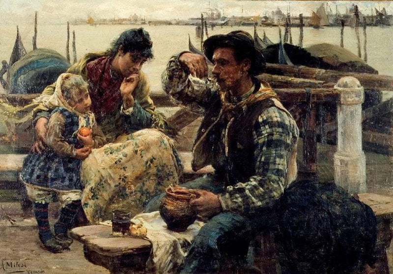 The gondolier's breakfast by Alessandro Milesi — Oil Painting Reproduction