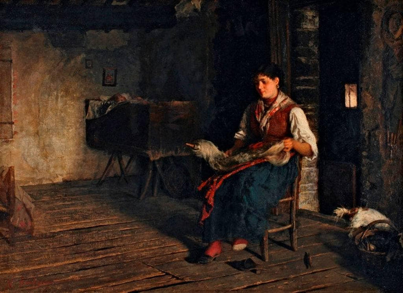 The good mother (The spinning wheel) by Noè Bordignon — Oil Painting Reproduction