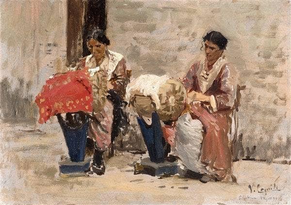 The lace makers in Pellestrina (7 August) by Vincenzo Caprile — Oil Painting Reproduction