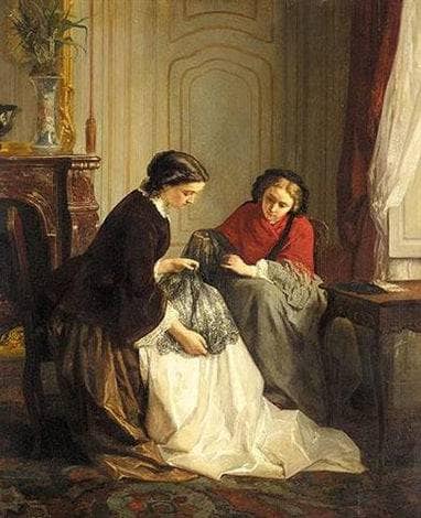 The lace makers by Jules Trayer — Oil Painting Reproduction