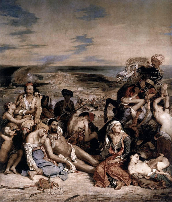 The Massacre at Chios by Eugène Delacroix, a frieze of wounded and captive islanders in front of a ruined landscape.