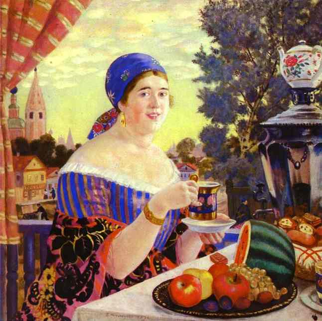 The Merchant's Wife at Tea by Boris Kustodiev — Oil Painting Reproduction