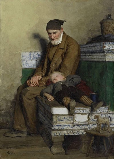 The old Feissli with child on the stove bench in kitchen