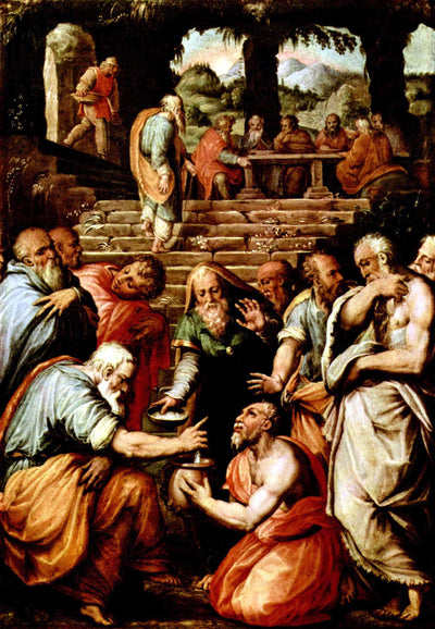 The Prophet Elisha cleansing Naaman in kitchen