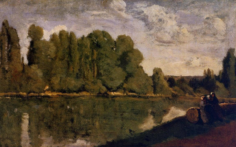 The Rhone Three Women on the Riverbank Seated on a Tree Trunk by Camille Corot — Oil Painting Reproduction