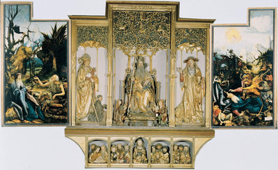 The second view of the altar. St Anthony Visiting St Paul the Hermit in the Desert (left), The Temptation of St. Anthony (right). Central part are carved figures of St. August, St. Anthony, St. Jerome; bottom part Jesus with 12 Apostles. in living room