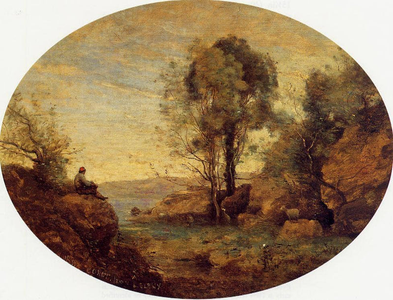 The shepherd overlooking the rocky gorge by Camille Corot — Oil Painting Reproduction