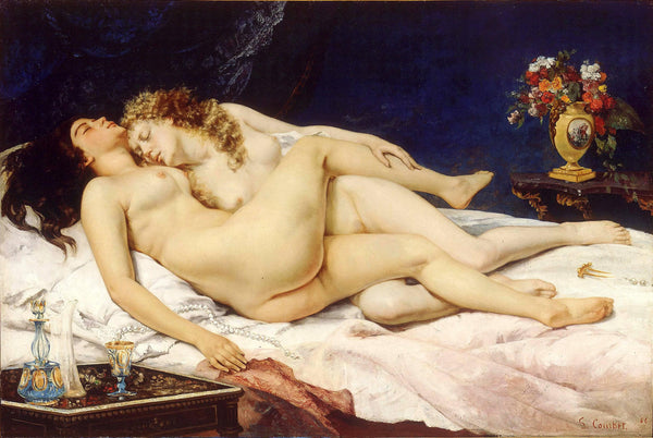 The Sleepers by Gustave Courbet, two nude women asleep on a bed, entwined.